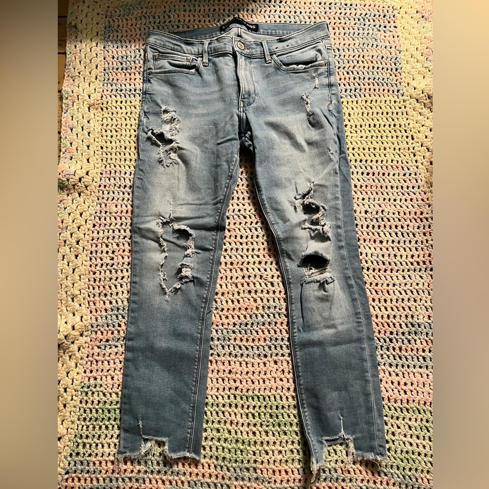 Express Blue Ankle Legging Jeans with Distressed Details
